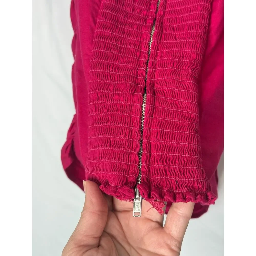 Reformation Women's 4 Magenta Puff Sleeve Ruched Top Sweetheart Smocked Cotton